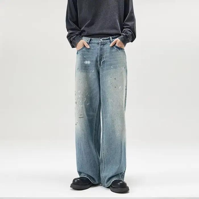 Pantalon large et droit unisexe en jean délavé style streetwear