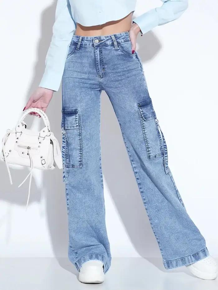 Jean utilitaire délavé pour femme avec plusieurs poches – Pantalon