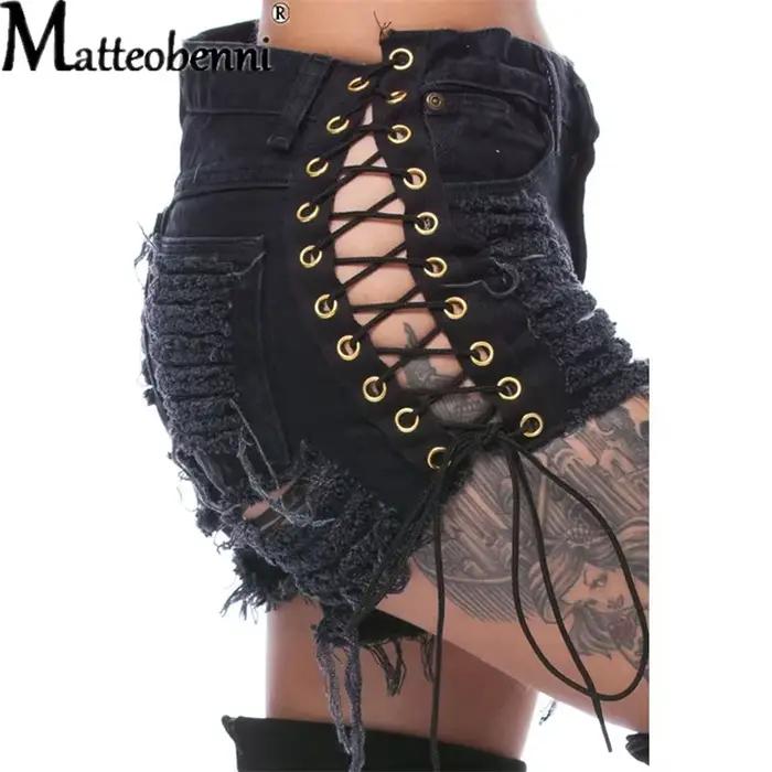 Shorts Matteobenni décontractés et provocateurs en denim pour femmes à lacets et trous évidés pour occasions spéciales et sorties