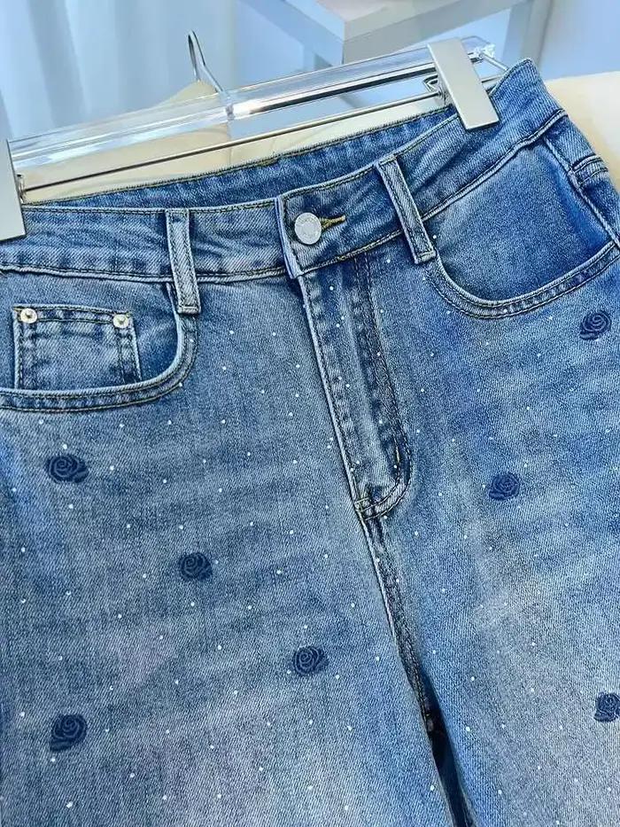 Rose brodé diamant chaud jean américain rétro bleu ample jambe large pantalon 2025 nouvelles femmes taille haute mince