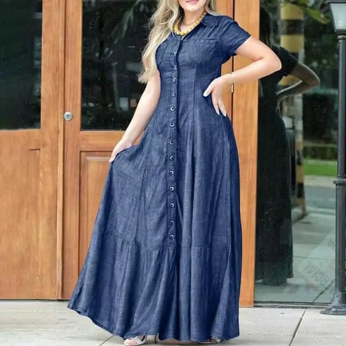 Robe trapèze en denim taille haute pour femme avec ourlet à volants