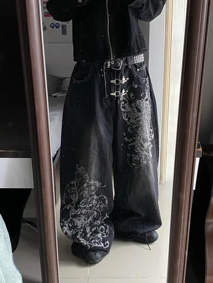 Jeans baggy vintage 2026 imprimé style Y2K Harajuku pantalon ample pour femmes junior all seasons polyester appliques non extensibles fermeture bouton volant style anglais