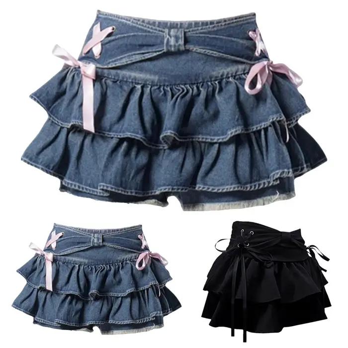 Femmes Y2k Denim Mini Jupe Doux À Volants Kawaii Arc Coquette