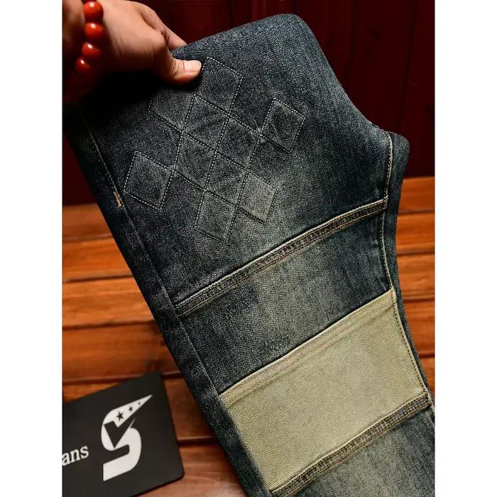 Jean fuselé homme style rétro américain tendance streetwear toile délavée broderie légèrement extensible pour printemps et automne faire du shopping