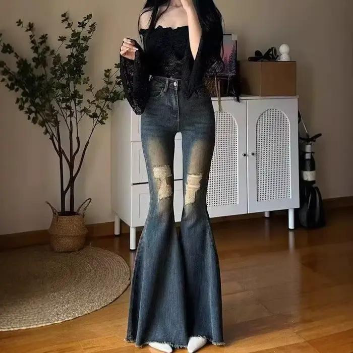 Jean en denim taille haute à pattes d'éléphant pour femme