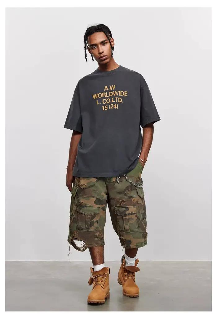 Camouflage déchiré lavé vieux hommes Vintage ample pantalon à jambes larges américain rétro Hip-Hop poche gothique haute rue jean décontracté