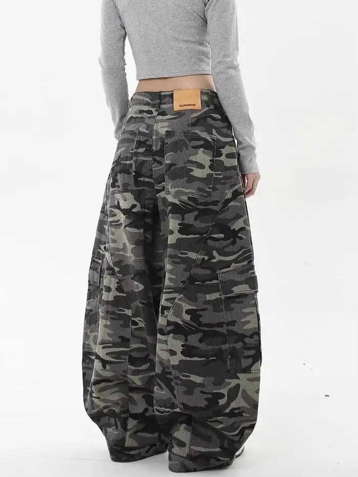 Jean de Camouflage taille haute pour femmes, Vintage, poches multiples, Hip Pop des années 2000, Baggy Y2K, pantalon en Denim, rétro américain, jambes larges
