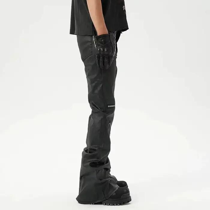 FEWQ Style américain hommes jean mince fermetures éclair Patchwork élégant chaîne couleur unie cloche-bas pantalon mâle