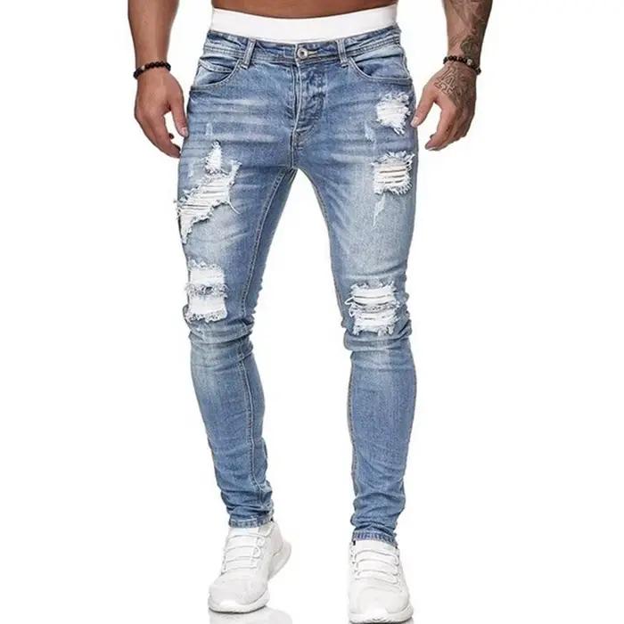 Mode Street Style déchiré Skinny Jeans hommes Vintage lavage solide Denim pantalon