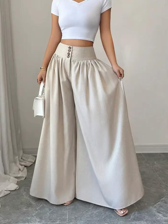Pantalon large taille haute kaki pour femme avec détails boutonnés