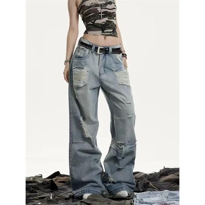 Jeans déchirés vintage pour femmes, style streetwear, pantalon de cow-boy, Harajuku, denim oversize, pantalon à jambes larges, été printemps