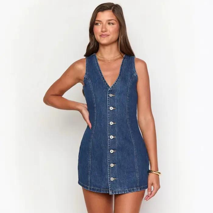 Robe en jean Nowsaa pour femme, style Y2K streetwear, élégante, avec empiècements et col en V, pour soirée, fête ou travail