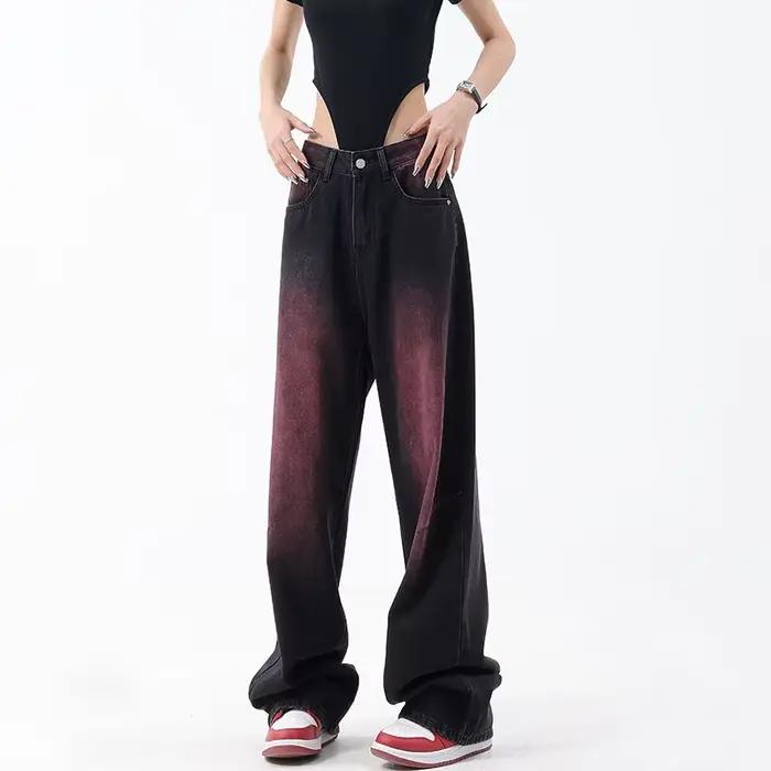 Jean rétro américain délavé coupe droite à jambe large pour femme – Nouvelle collection printemps-été