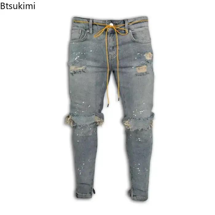 Jeans déchirés Btsukimi pour homme, bleu ciel et noir, style hip hop, ajustement confortable, idéal pour les soirées de club, fêtes et occasions décontractées