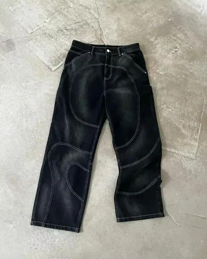 Patch Jeans Veste brodée à rayures rétro Ensemble deux pièces Costume Y2k pour hommes Harajuku hiphop