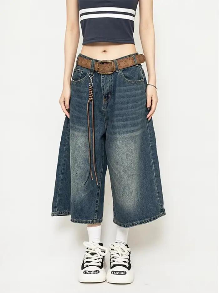 Shorts en jean baggy noirs pour femmes style Y2K vintage jorts à jambe large délavés taille haute streetwear mode décontractée pantalon ample