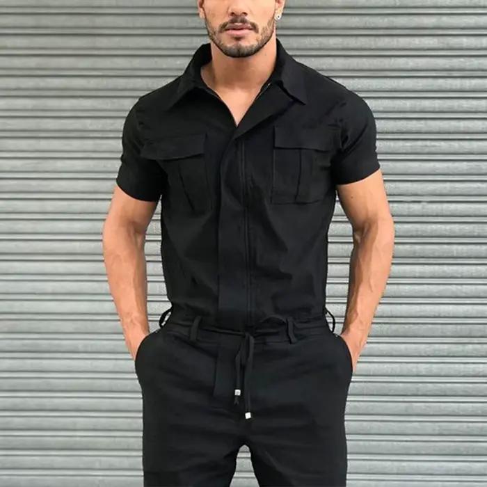Salopette homme décontracté Streetwear poche couleur unie manches courtes + pantalon combinaison mode loisirs travail