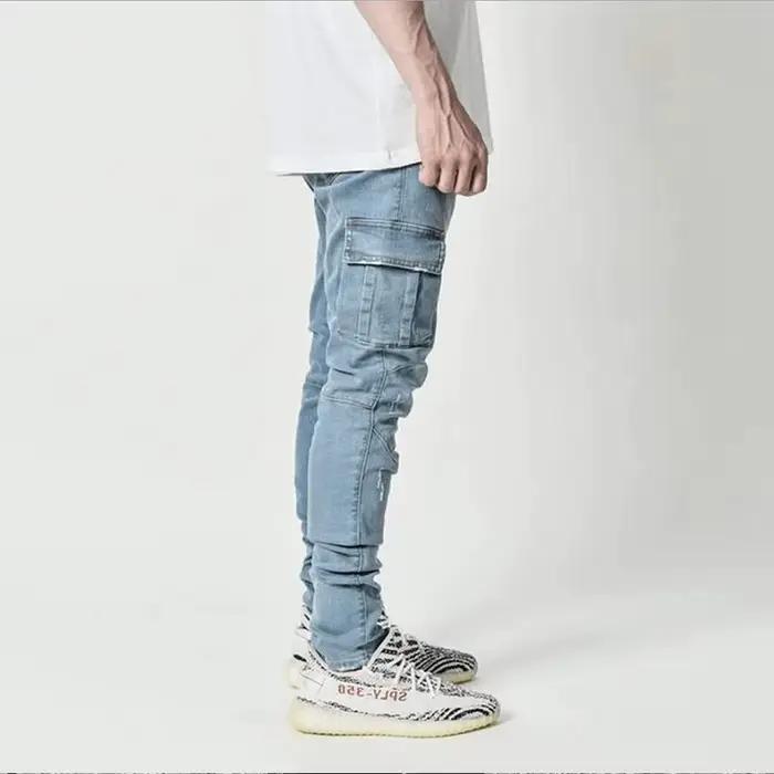 Pantalon en denim délavé et solide pour homme, style hip-hop, matériaux adoucissants, grandes poches multifonctionnelles, durables et confortables pour toutes les occasions quotidiennes