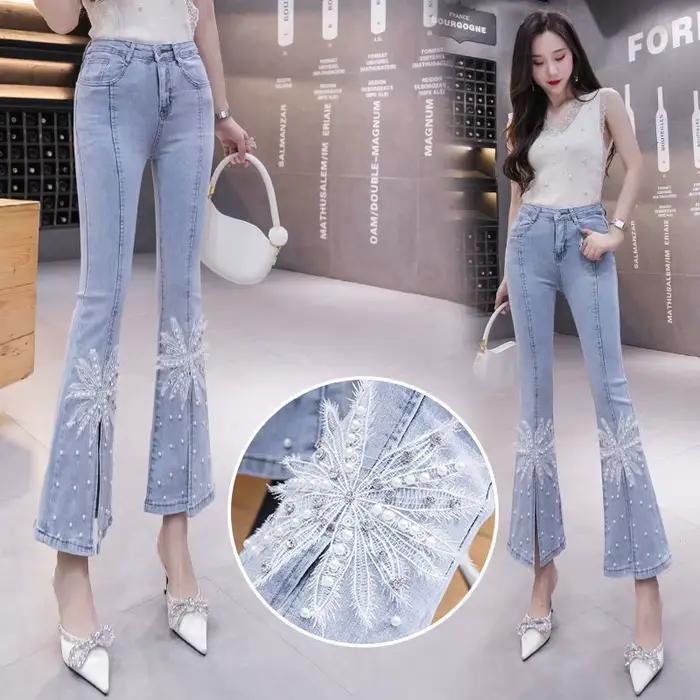 Jean Pipe avec Strass pour Femme Pantalon Court Slim Fentes en Dentelle Capris Bell Évasement Astronomique Occasions Spéciales