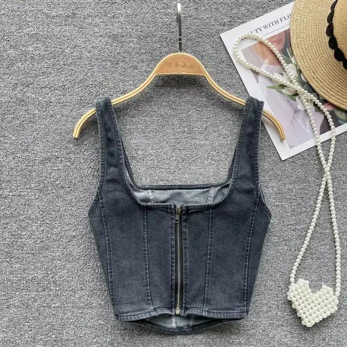 Débardeur en Denim à Fermeture Éclair pour Femme