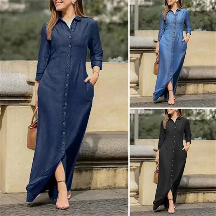 Femmes longue Denim Blouse robe été femme col rabattu à manches longues bouton ample Maxi maillots de bain robes JYFS-5542