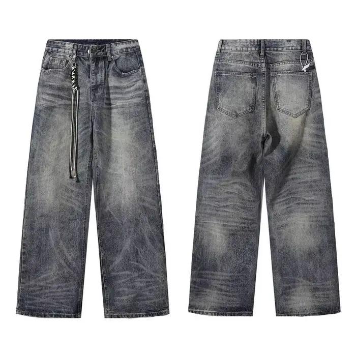 Jean décontracté bleu délavé style américain PFNW pour homme – Pantalon polyvalent rétro coupe droite ample – Nouvelle collection Printemps 2026 28L1498