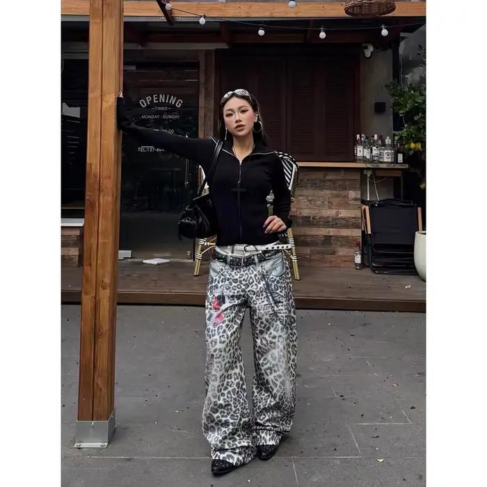Baggy Y2k Léopard Japonais Denim Pantalon Harmonique Élégante Occasions Spéciales Femmes Style High Street Coupe Amples Occasions Toutes Saisons