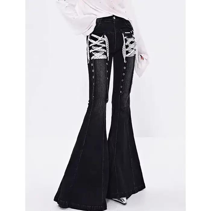 ZHIZOU femmes académique Goblin Core Harajuku Y2K taille basse dentelle jean Abi Denim Flare pantalon cloche-bas Vintage Y2k Goth Gyaru Kpop
