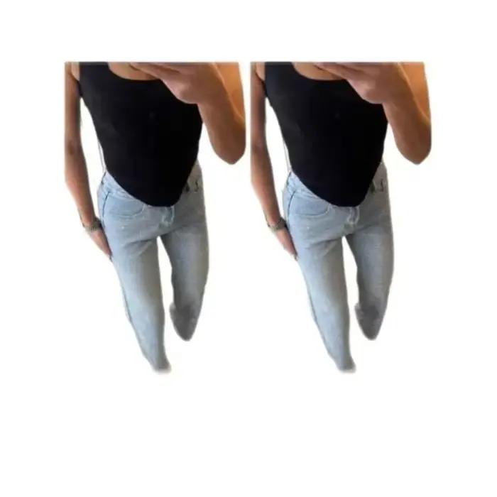 Jeans en denim délavé taille haute décontracté pour femmes