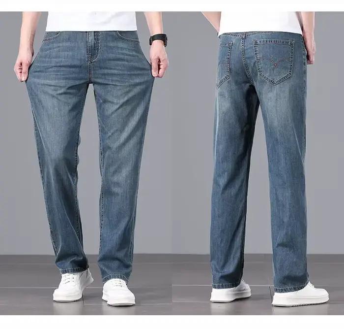 Jean d'été pour homme coupe droite taille haute ample en denim fin bleu style classique 2026