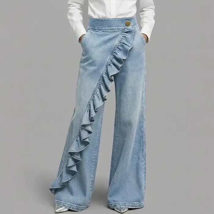 Jean en denim pour femme à volants, coupe large, style vintage et urbain, taille haute, bordure asymétrique, polyester robuste, occasionnels et événements formels