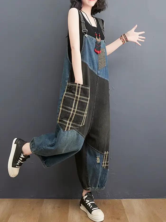 Amax luluE coréen automne jean femmes Plaid déchiré Denim salopette dames Vintage Punk pantalon ample luxe classique
