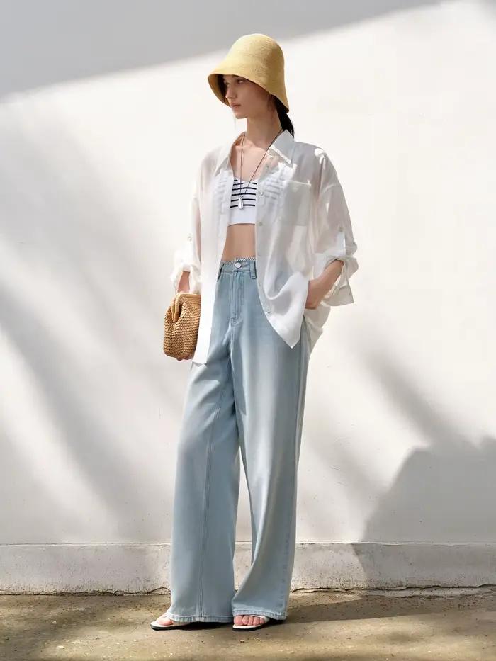 DUSHU jean de couleur claire été 2025 nouveau Style à la mode tout-match taille haute rayé couture pantalon droit 25DS82744