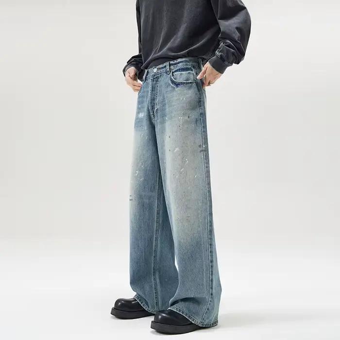 Pantalon large et droit unisexe en jean délavé style streetwear