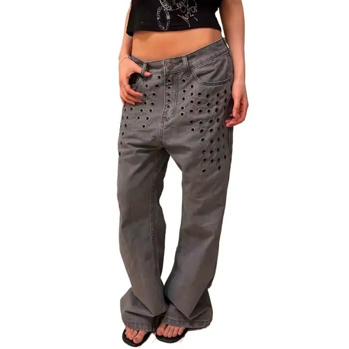 Jean rétro américain grande taille délavé à rivets creux pour femme, coupe droite ample amincissante à jambes larges, style streetwear occasions spéciales