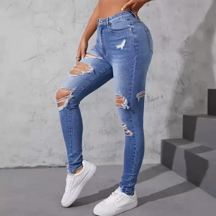 Jean slim déchiré délavé pour femmes, nouvelle mode de rue, taille haute, pantalon décontracté à petites jambes, pantalon crayon, printemps et automne