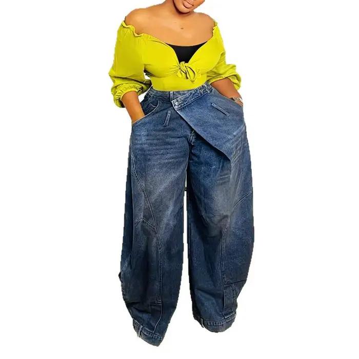 Nouveau jean décontracté rétro délavé à taille inversée pour femme