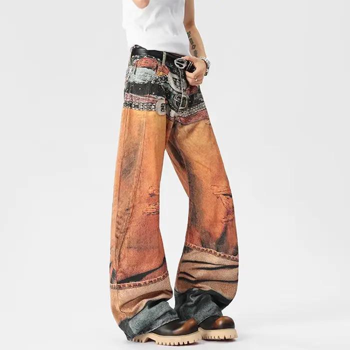 LUZHEN Original motif personnalisé imprimé jean ample décontracté hommes 2025 nouveau Streetwear jambe large pantalon en Denim droit JY3071