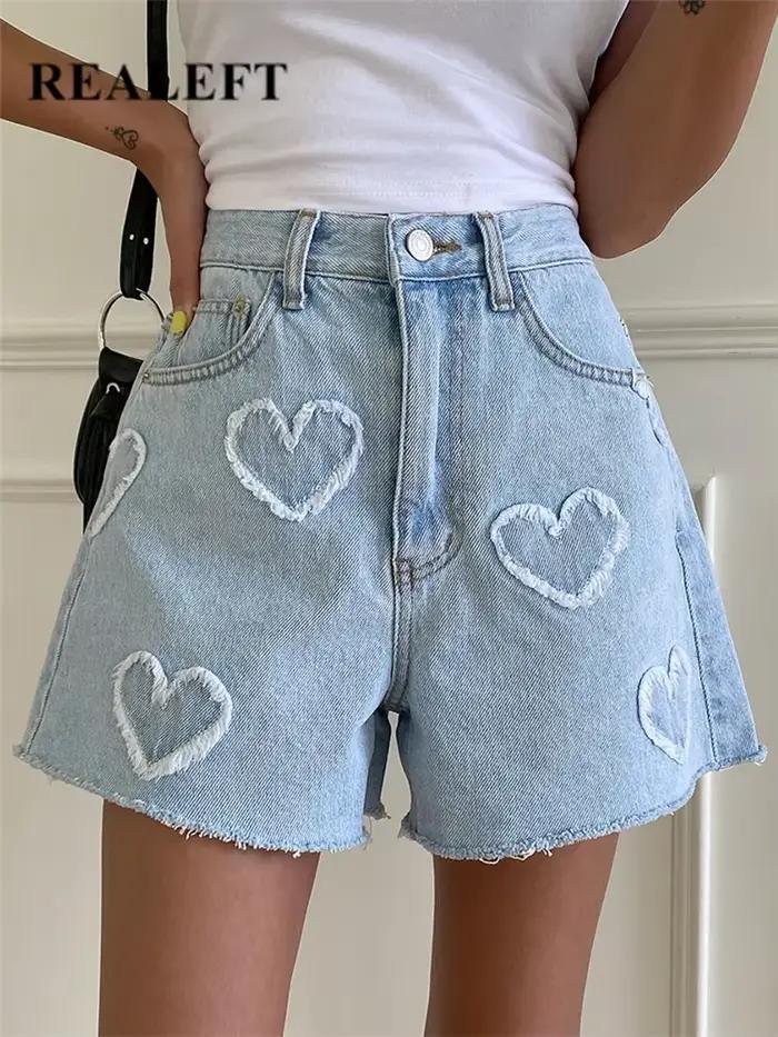 REALEFT taille haute lavé amour imprimé femmes Denim Shorts 2024 nouveau printemps été Jeans décontractés Chic pantalon droit femme