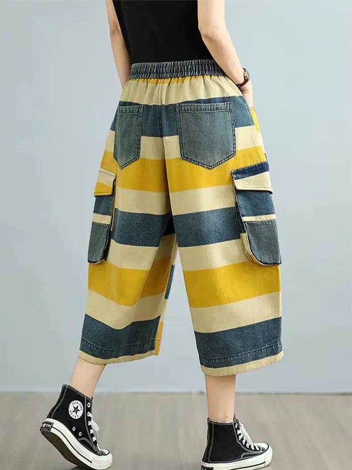 Amax LuluE 2025 été dames mode rayé jean bohême femmes Patchwork taille élastique Denim pantalon décontracté jambe large
