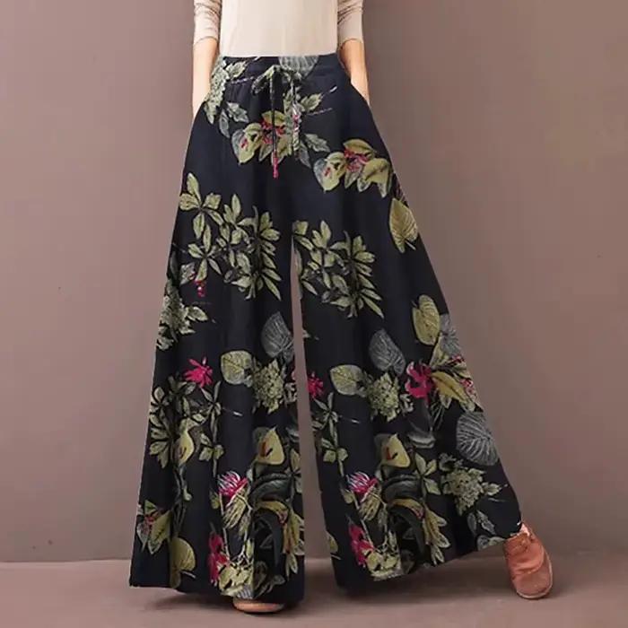 Femmes imprimé fleuri Pantalon à jambes larges printemps automne mode cordon bohême Pantalon dames décontracté ample taille élastique Pantalon