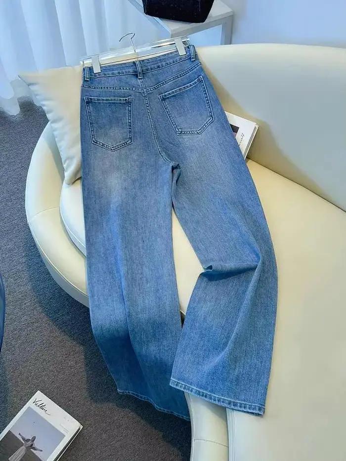 Rose brodé diamant chaud jean américain rétro bleu ample jambe large pantalon 2025 nouvelles femmes taille haute mince