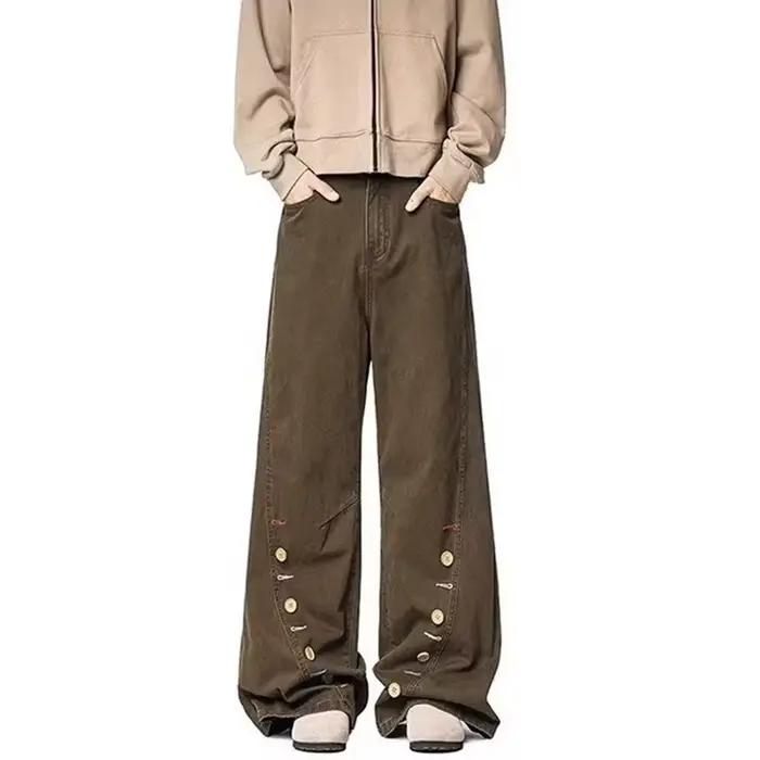 Jean Américain Rétro Marron Coupe Ample à Boutons pour Homme