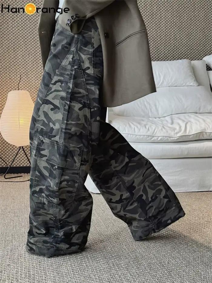 Début du printemps rétro Camouflage grande poche couteau incurvé jean femmes ample jambe large Denim pantalon Cargo