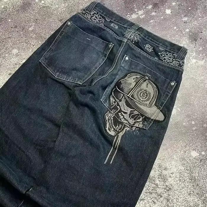 Jean brodé tête de mort tendance streetwear pour femme, style Harajuku Y2K, nouveau pantalon large coupe droite hip-hop Joker, jean décontracté pour toutes les saisons