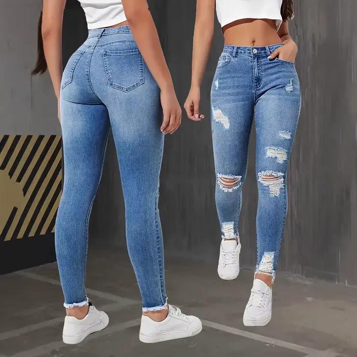 Jean Slim à trous pour femme