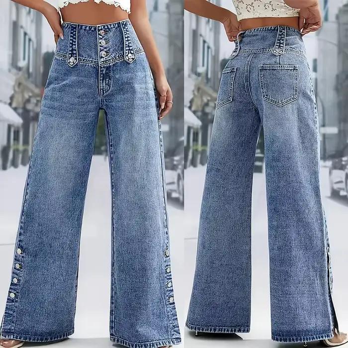 Jeans à jambes larges taille haute bleu pour femmes Mode Multi-boutons devant Détail à pression latérale Pantalon en denim Tenue décontractée pour les rendez-vous quotidiens