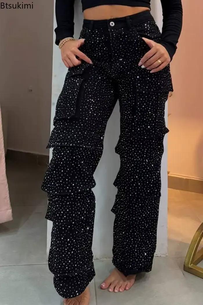 Pantalons cargo jeans taille haute pour femmes avec strass complet, streetwear chic, décontracté, pour toutes les saisons et occasions, jeans Btsukimi