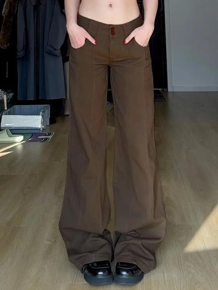 Jeans Grunge Y2k Marron Taille Basse Baggy Denim Pantalon Femmes Décontracté Streetwear Mode Coréenne Occasions Estivales