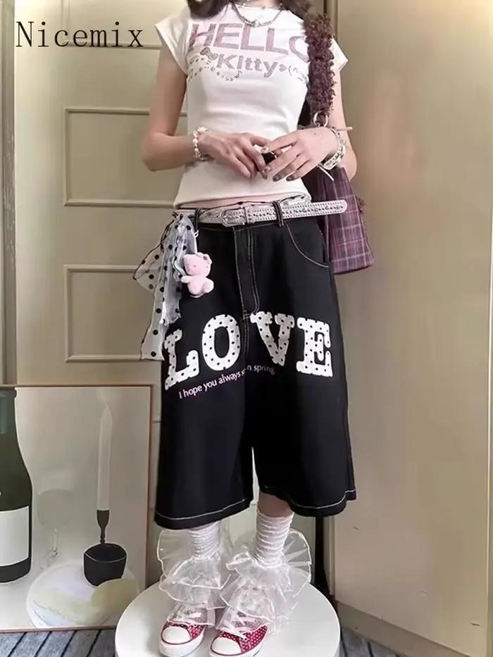 Nicemix lettre américaine imprimé Denim pantacourt pour les femmes été Streetwear taille haute ample décontracté jambe